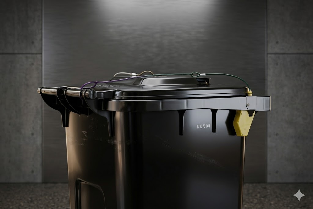 A wheelie bin secured with a Binguard gravity lock